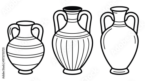 Three Ancient Greek Amphorae in Black and White Line