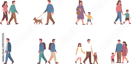 Flat vector illustration of families, couples, and individuals walking with children, pets, and backpacks in everyday lifestyle scene