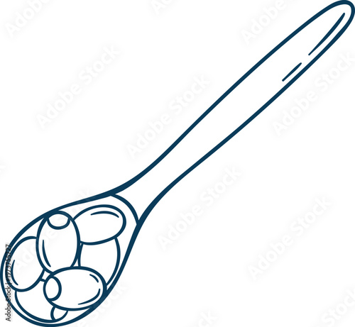 Mediterranean blue line doodle of a rustic spoon filled with olives. Minimalist food icon for Greek tapas or Italian antipasti branding