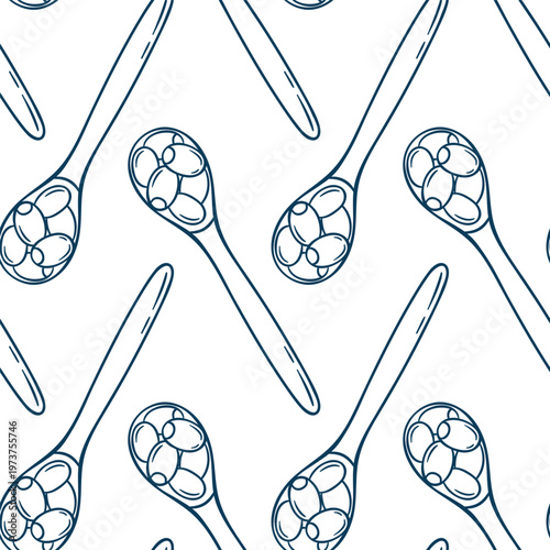 Mediterranean blue line doodle pattern featuring wooden spoon filled with olives. Minimalist repeat for Greek taverna branding or cafe wallpaper