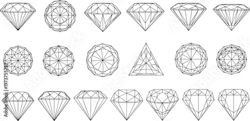 Geometric gemstone silhouettes, crystal wireframe illustration, diamond artwork design, faceted shape concept, 3D modeling icon, black white symmetry pattern