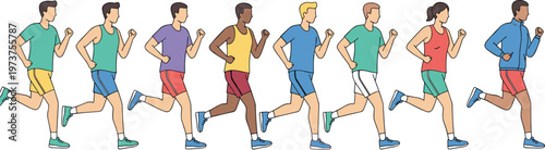 Vector illustration of athletes running in colorful sportswear showing motion, energy, and teamwork in fitness activity