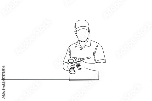 Single line drawing of professional handyman holding power drill for renovation and repair.