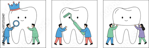 Vector illustration of cartoon tooth characters with crown, cleaning, and teamwork representing dental hygiene and oral care
