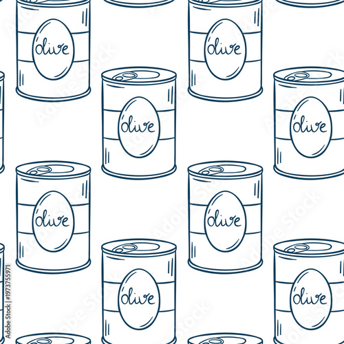 Jar of pickled olives, simple vector pattern in doodle and sketch style with Mediterranean blue line. Hand-drawn preserved food design for kitchen textiles or food packaging