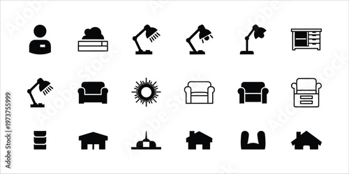 Black silhouette icons of furniture lighting and building structures