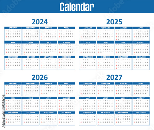 Comprehensive annual calendar design featuring years 20242027 for planning and organization
