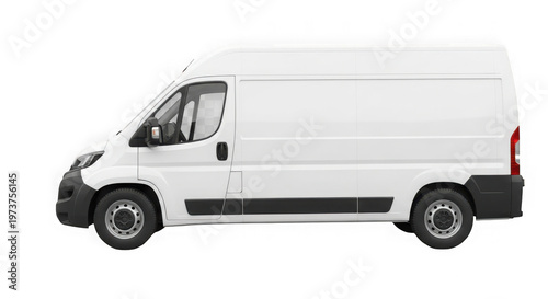 Modern white cargo van used for commercial transport and delivery services from side view isolated on transparent background