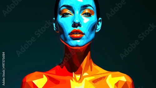 Low Poly Portrait Woman Blue Orange Face Art