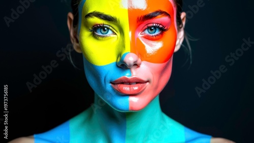 Woman with colorful face paint on dark background