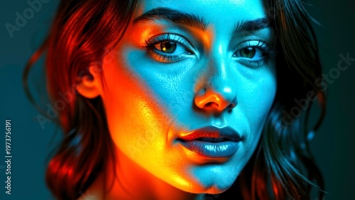 Woman portrait with dramatic orange and blue lighting