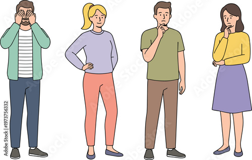 Vector illustration of diverse people in thoughtful and uncertain poses showing contemplation, confusion, and reaction gestures