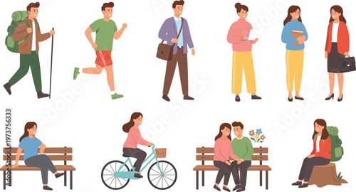 Vector illustration of diverse people in everyday outdoor activities including hiking, jogging, cycling, sitting, and social interactions