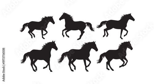 A group of black silhouetted dogs running together in a dynamic motion composition