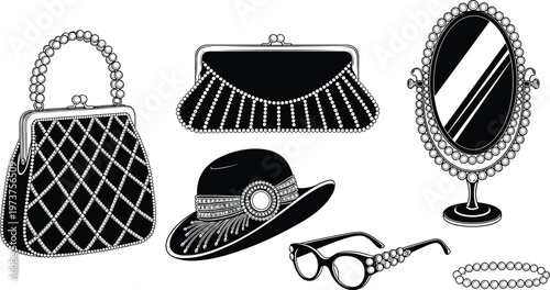 Elegant fashion accessories silhouette, vintage handbag illustration, stylish clutch purse artwork, decorative hat design, ornate mirror concept, luxury jewelry icon
