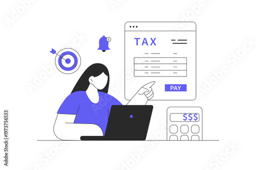 Online tax payment. Tax calculation, making income tax return. Personal financial account. Woman pay tax bill online on the website form.  Flat Cartoon Vector Illustration, icon Stylish abstract web