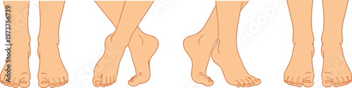 Vector illustration of human feet in various standing postures showing crossed ankles, flat stance, and casual body language