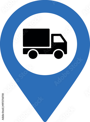 Blue map pin icon with a delivery truck inside the white circle symbol