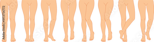 Vector illustration of human legs in various standing positions showing straight, bent, crossed, and raised foot postures