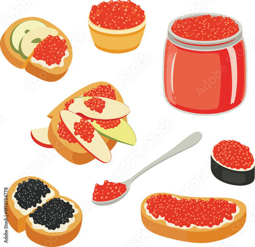 sandwiches with red caviar on white background