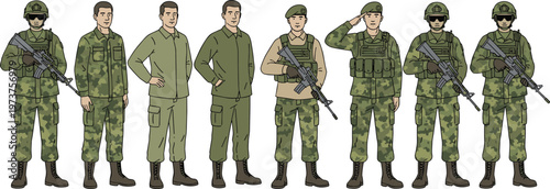 Vector illustration of soldiers in different military uniforms showing progression from fatigues to full combat gear
