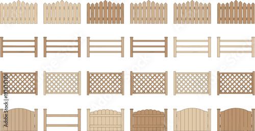 Vector illustration of wooden fence design variations including picket, rail, lattice, and solid panel styles for architecture and landscaping