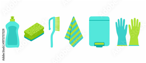 Cleaning supplies set with detergent, sponge, brush, cloth, bin, and gloves. Essential housekeeping tools for home and office sanitation, isolated on white background in flat vector illustration style