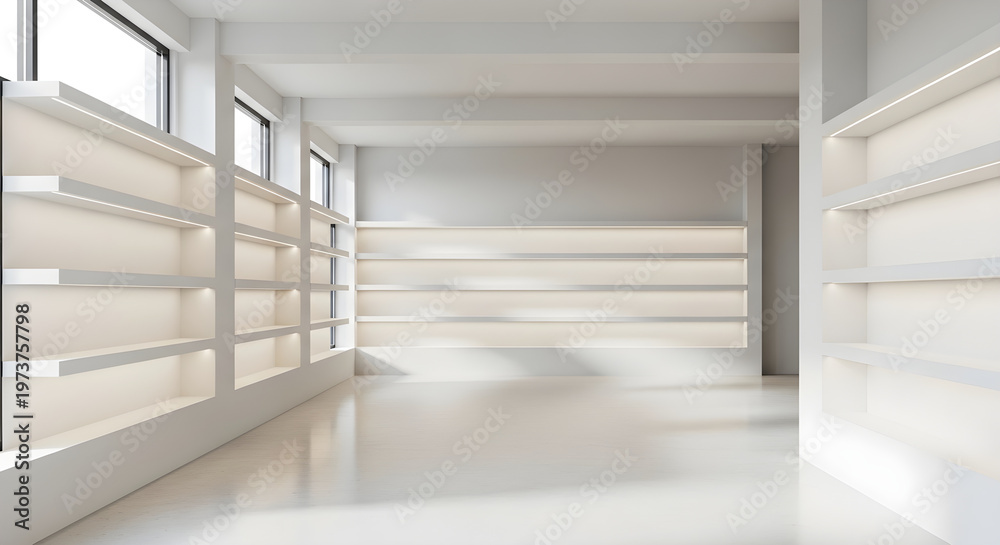 Obraz premium Modern minimalist white interior with empty illuminated shelves and large windows a clean showroom or gallery space design
