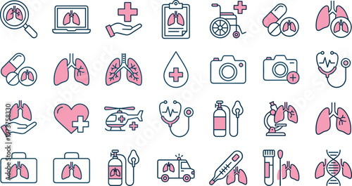 Lung health medical icons set with respiratory care equipment diagnosis treatment and healthcare symbols vector collection