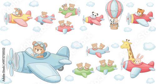 Cute Vector Illustration Set of Animals Flying Airplanes and Hot Air Balloons in the Clouds for Kids Nursery Design Projects Creative Transportation Graphics and Minimalist Aviation Themed Art Assets.