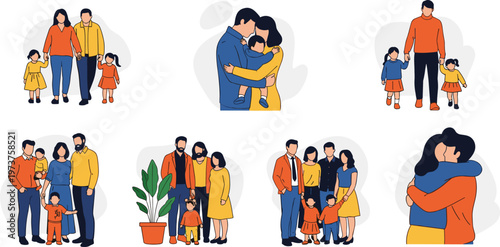 Flat Vector Illustration Set of Diverse Families Hugging and Walking Together for Lifestyle Community Design Projects Creative People Graphics and Minimalist Social Unity Educational Art Materials.