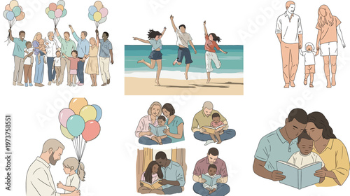 Flat Vector Illustration Set of Happy Families Reading Books Playing on the Beach and Holding Balloons for Lifest Design Projects Creative Social Unity Graphics and Minimalist Educational Art Assets.