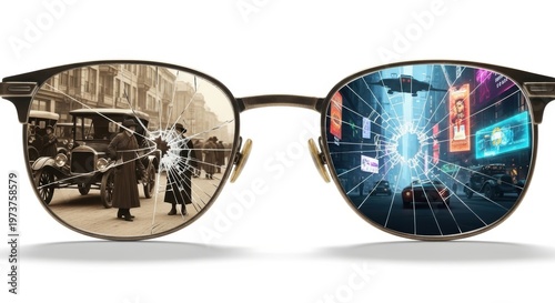 A pair of glasses with broken lenses showing contrasting city views from different eras.