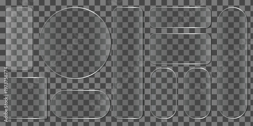 Realistic glass effect collection of transparent glassware on a gray background