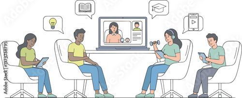 Diverse students learning online through laptop and mobile app for digital education e-learning and remote study concepts.