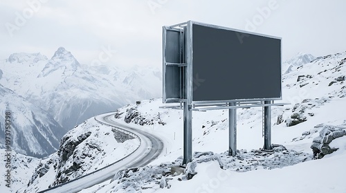 Blank Billboard Mockup Standing on Snowy Mountain Road with Winding Alpine Highway Landscape