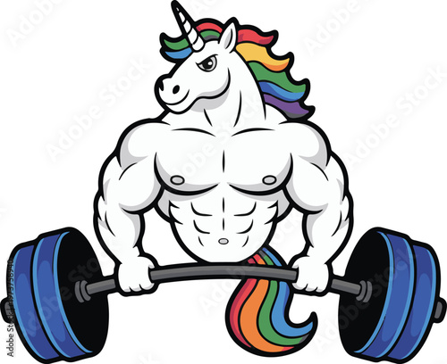 Muscular Unicorn Lifting Barbell Weightlifting Vector Illustration