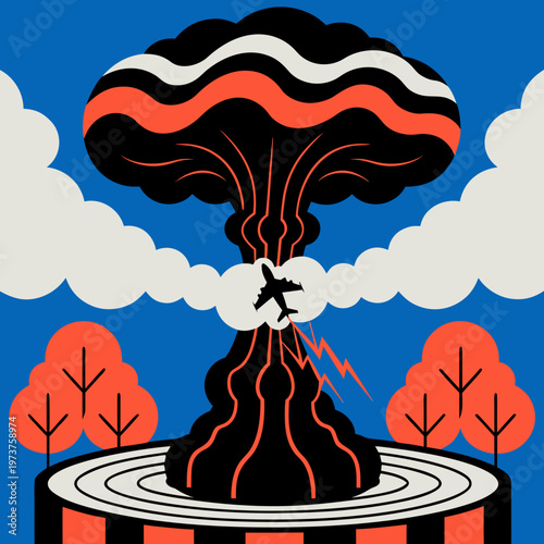 A visually striking abstract illustration depicting a powerful volcanic eruption amidst clouds and trees, with an airplane flying nearby