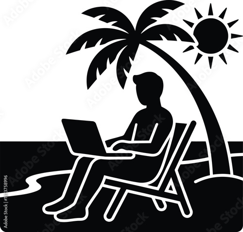 A man works on his laptop while sitting under a palm tree at the beach