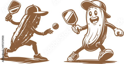 Funny Pickle Characters Playing Tennis Cartoon Vector Illustration Retro Style.