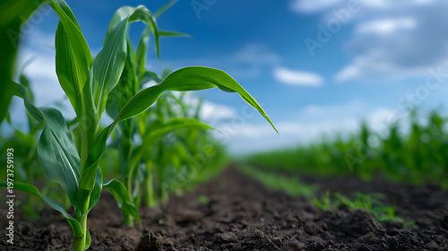 Rows of thriving corn plants stretch into the distance under a bright blue sky. A scene showcasing agriculture and nature in perfect harmony
