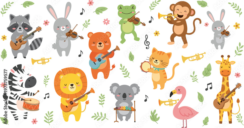 Obraz premium Playful Animals Playing Instruments Including Guitars, Drums, Trumpets, and Violins for Digital Design