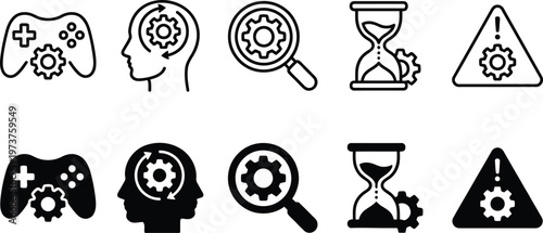 A collection of black and white icons representing gaming and problem solving