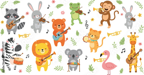 Playful Animals Playing Instruments Including Guitars, Drums, Trumpets, and Violins for Digital Design
