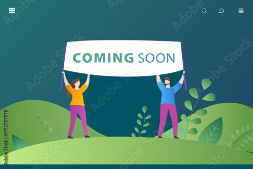 Illustration of people holding a coming soon banner outdoors