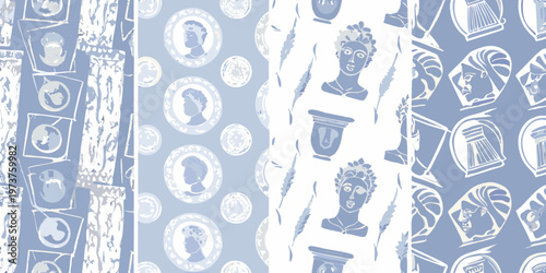 Blue and white neoclassical portrait and artifact patterned fabric design