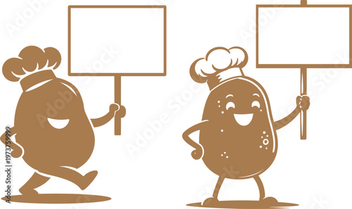 Cute Potato Chef Mascot Holding Blank Sign Cartoon Vector Illustration.