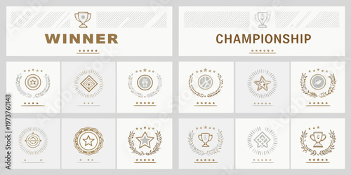 Collection of championship badges and winner announcements in a grid layout