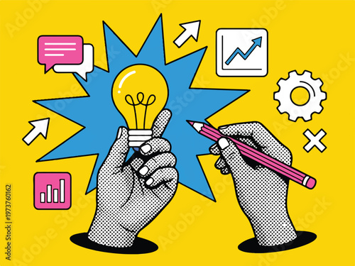 Comic style illustration of hands holding light bulb and pencil with business icons  idea creation concept