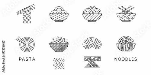 Minimalist line art depicting various noodle and pasta bowl designs